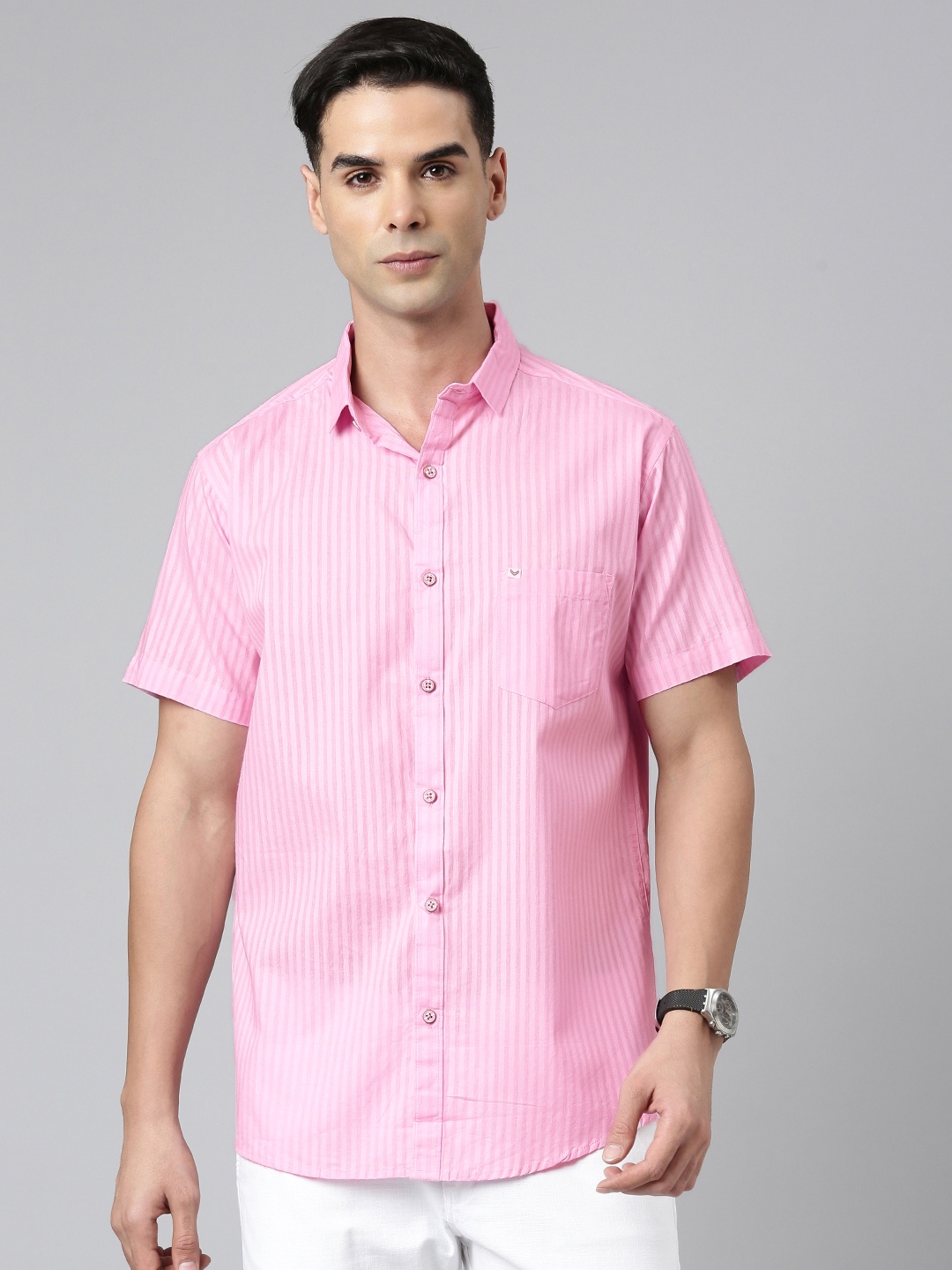 

Majestic Man Men Comfort Slim Fit Opaque Striped Pure Cotton Casual Shirt, Pink