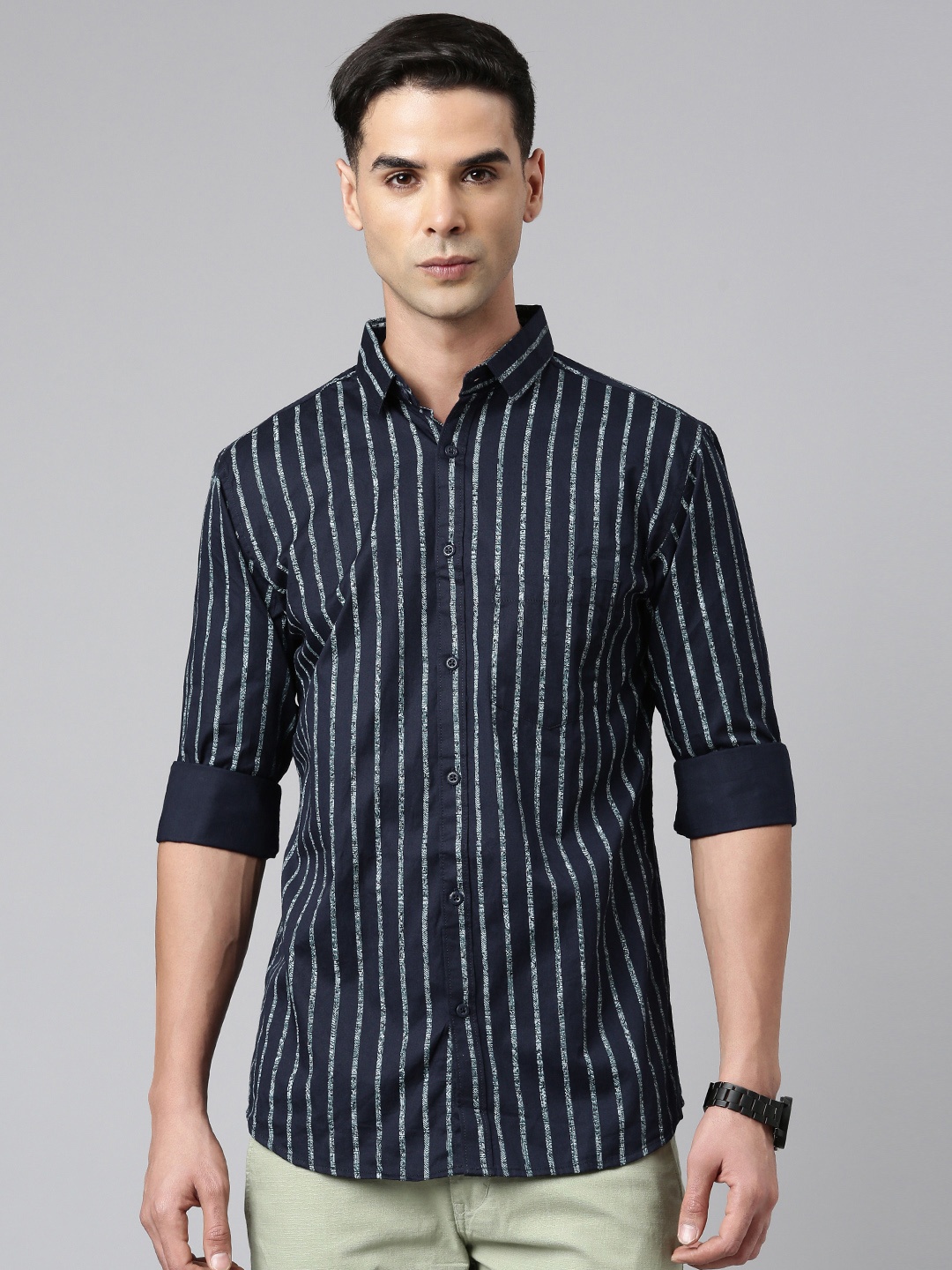 

Majestic Man Men Comfort Slim Fit Opaque Striped Pure Cotton Casual Shirt, Navy blue