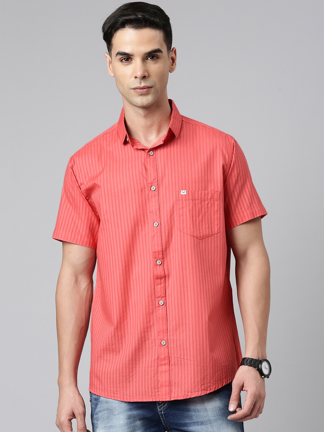 

Majestic Man Men Comfort Slim Fit Opaque Striped Pure Cotton Casual Shirt, Pink