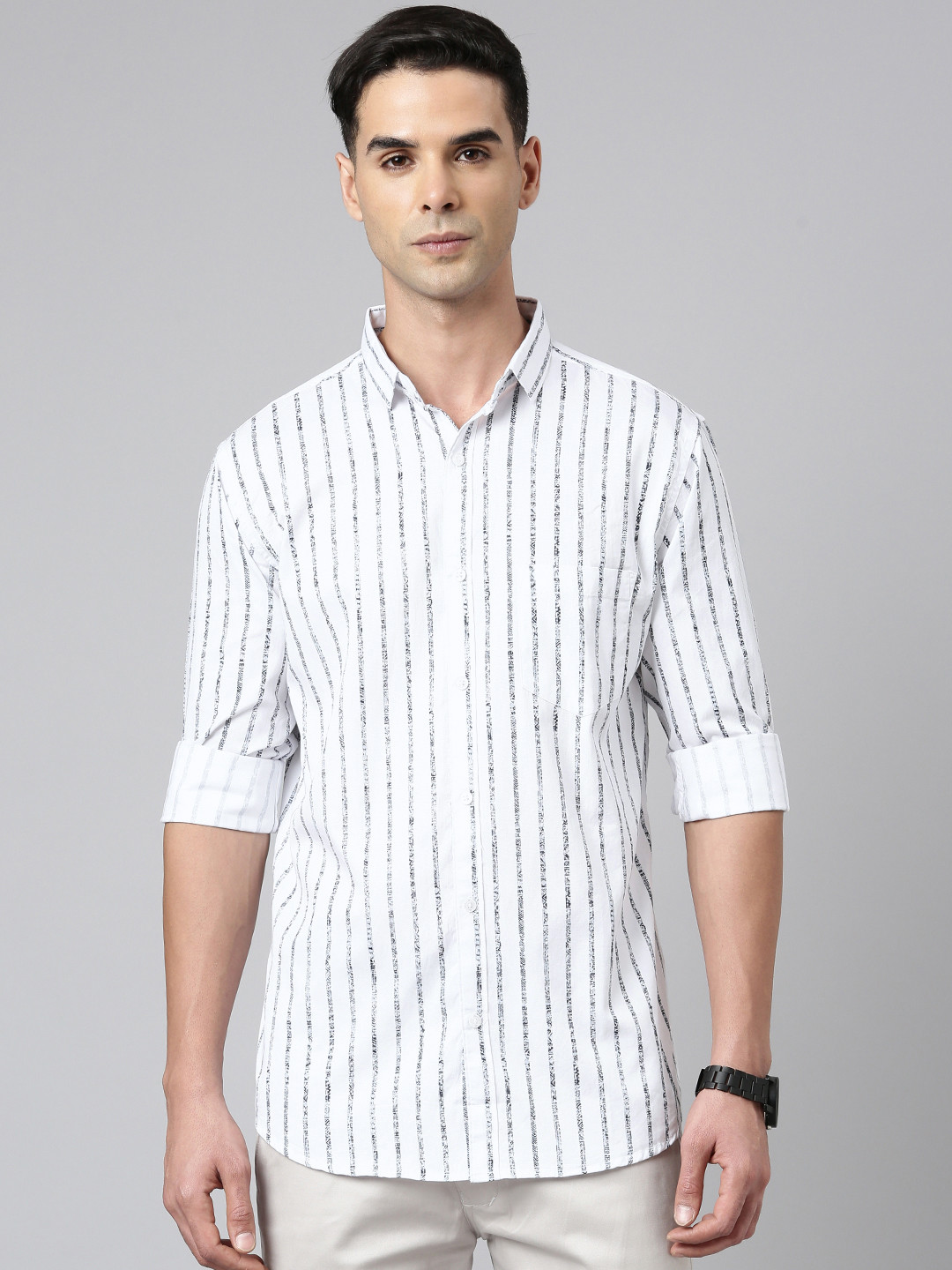 

Majestic Man Men Comfort Slim Fit Opaque Striped Pure Cotton Casual Shirt, White
