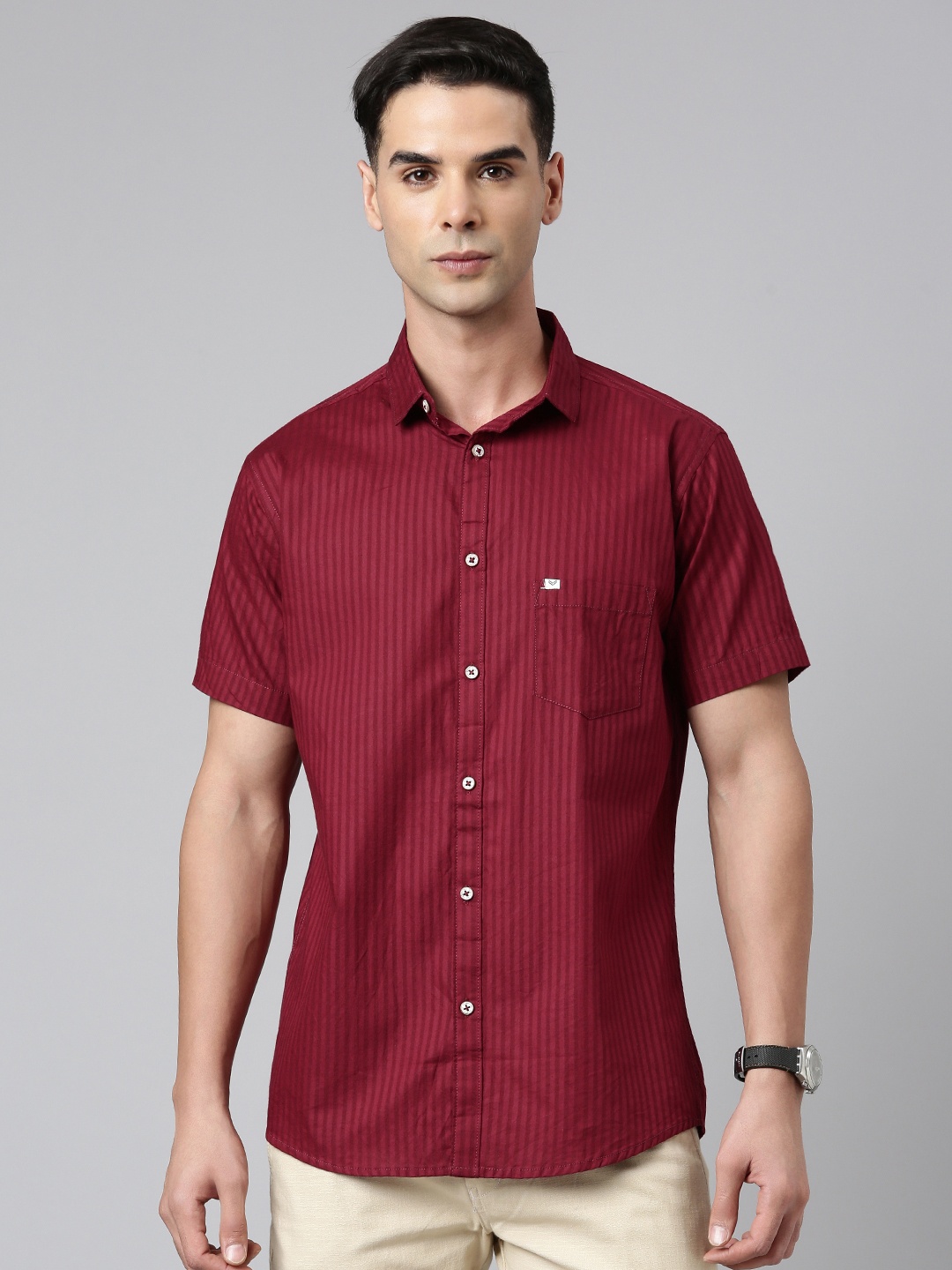 

Majestic Man Men Comfort Slim Fit Opaque Striped Pure Cotton Casual Shirt, Maroon