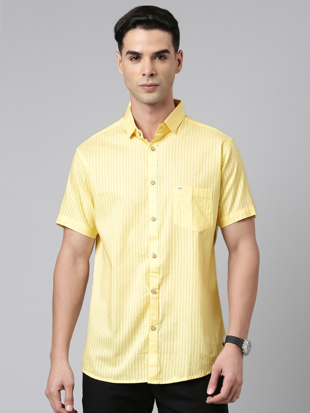 

Majestic Man Men Comfort Slim Fit Opaque Striped Pure Cotton Casual Shirt, Yellow