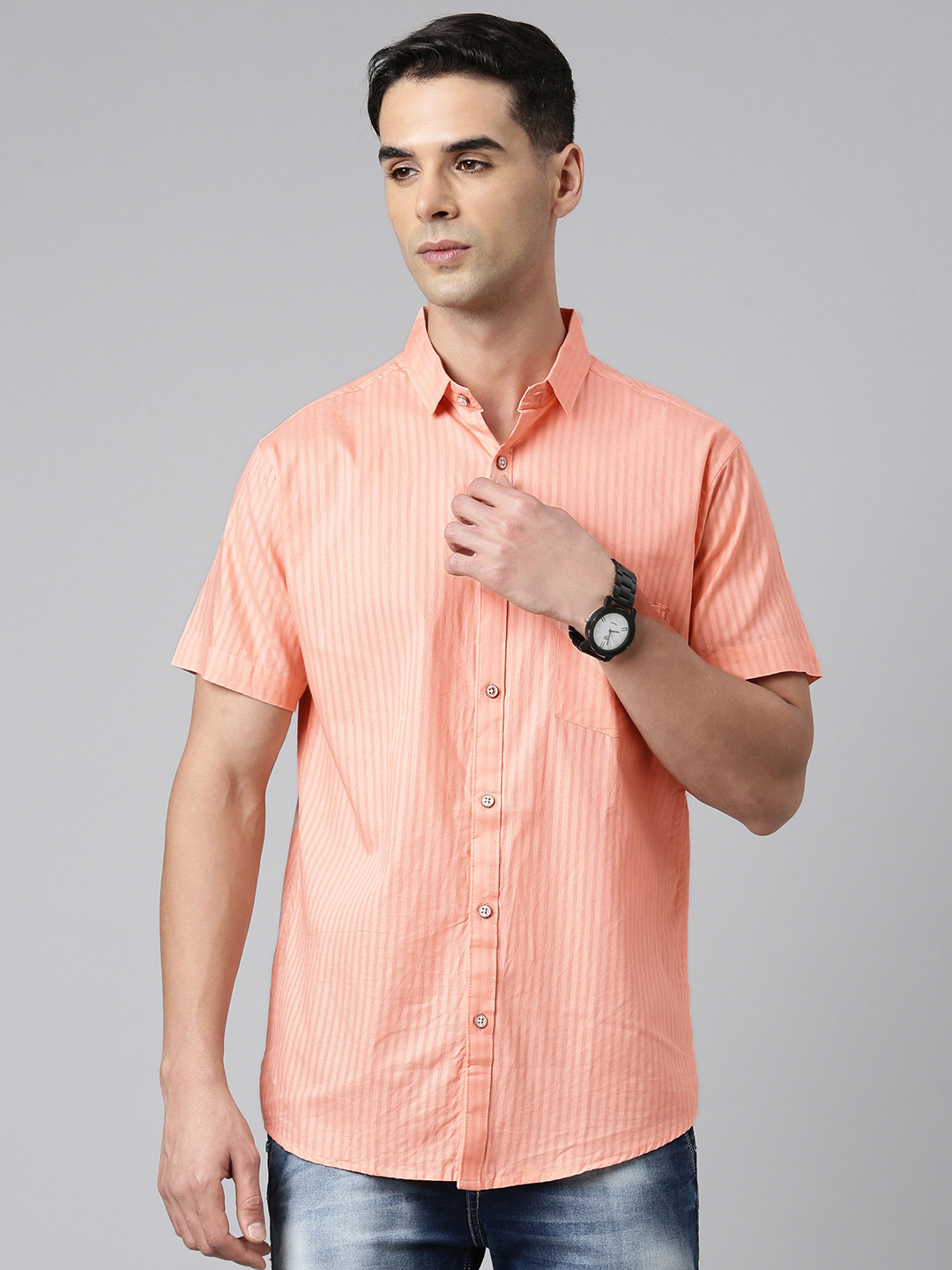 

Majestic Man Men Comfort Slim Fit Opaque Striped Pure Cotton Casual Shirt, Peach