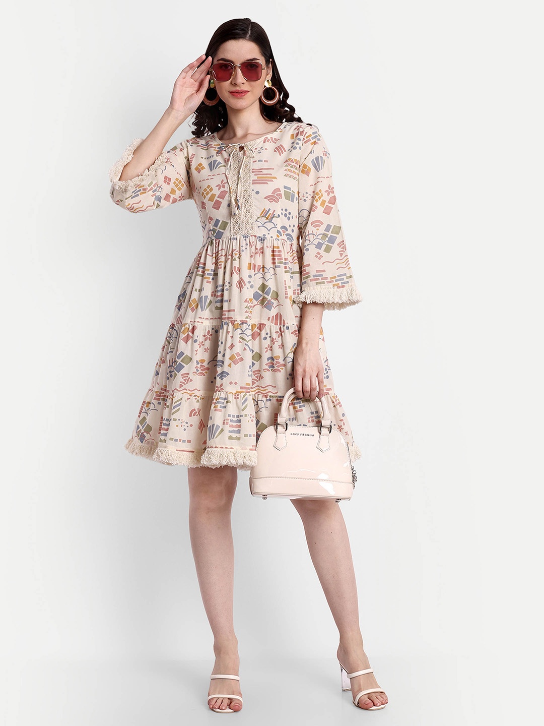 

githaan Floral Printed Tiered Fit & Flare Dress, Beige