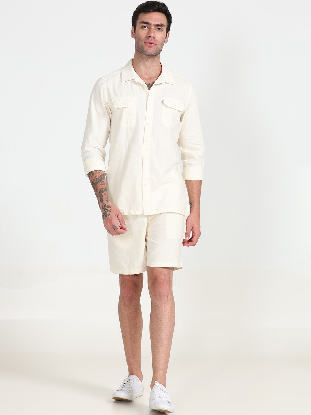 

POE Shirt With Mid Rise Cotton LinenShorts, Cream