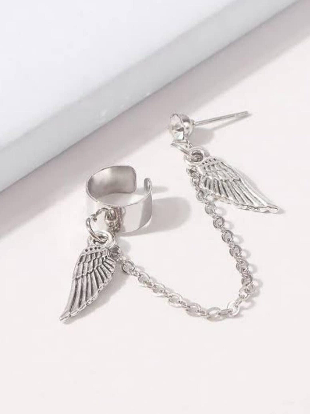 

VAGHBHATT Silver Plated Leaf Charm Chain Ear Cuff Earring