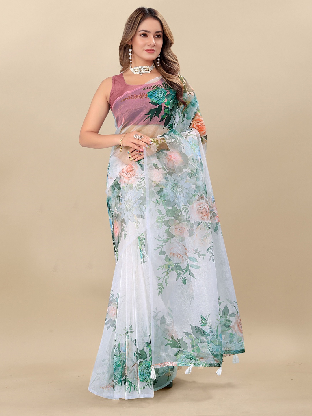

V3 FASHION STUDIO Floral Printed Organza Saree, White