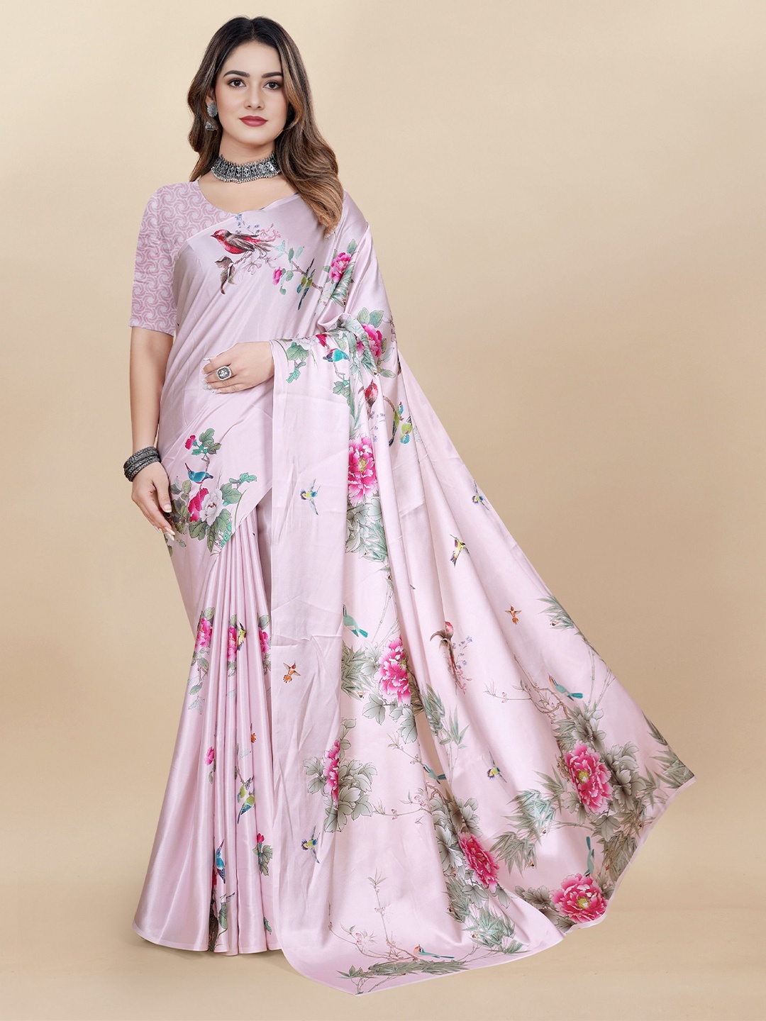

V3 FASHION STUDIO Floral Printed Satin Saree, Pink