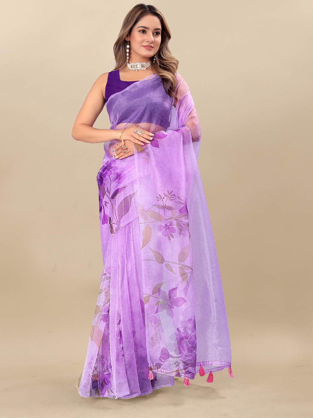 

V3 FASHION STUDIO Floral Printed Organza Saree, Purple