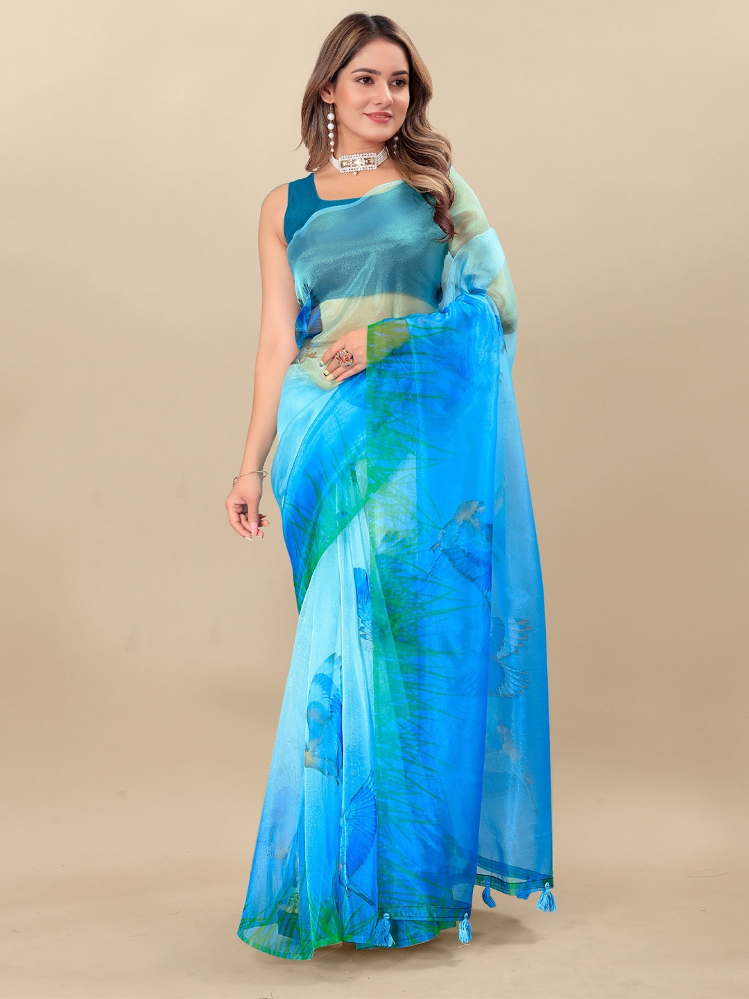 

V3 FASHION STUDIO Floral Printed Organza Saree, Blue
