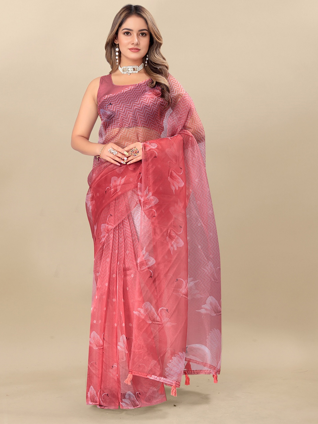 

V3 FASHION STUDIO Floral Printed Organza Saree, Pink