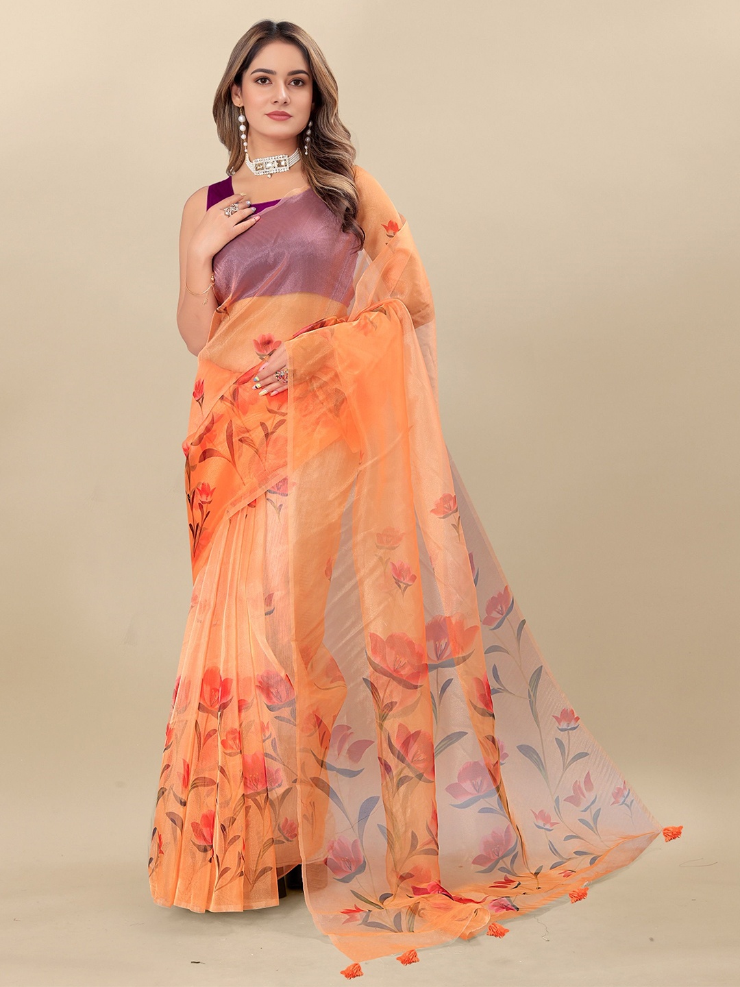 

V3 FASHION STUDIO Floral Printed Organza Saree, Orange