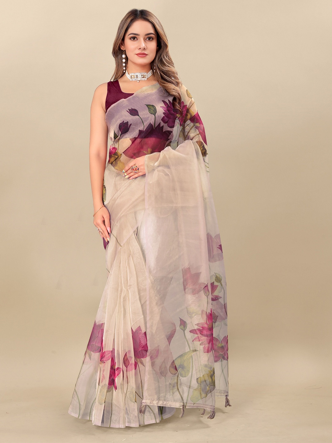 

V3 FASHION STUDIO Floral Printed Organza Saree, Beige