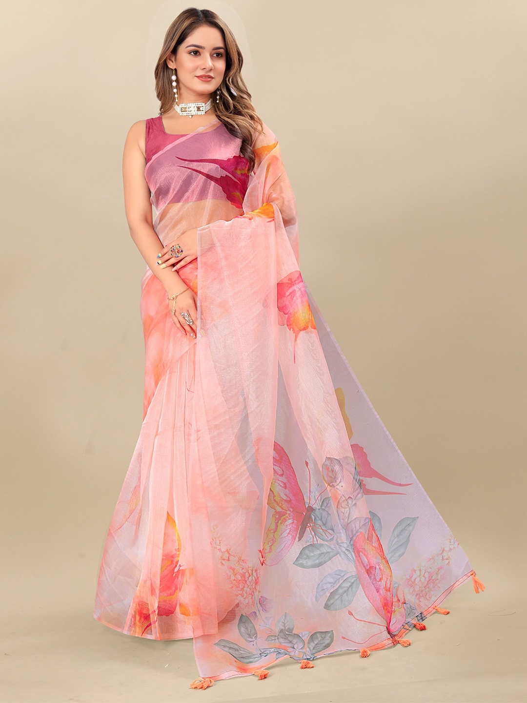 

V3 FASHION STUDIO Floral Printed Organza Saree, Peach