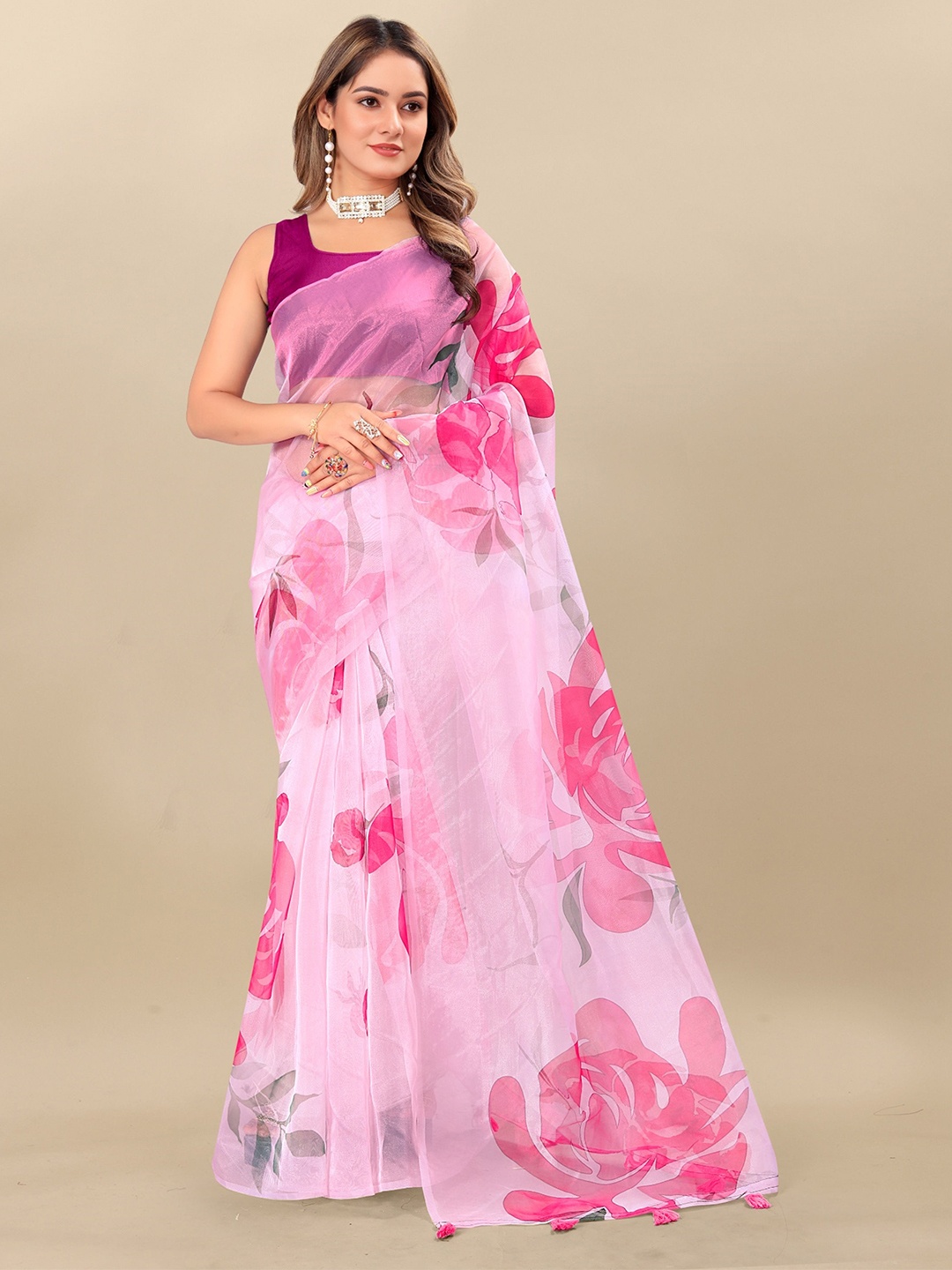 

V3 FASHION STUDIO Floral Printed Organza Saree, Pink