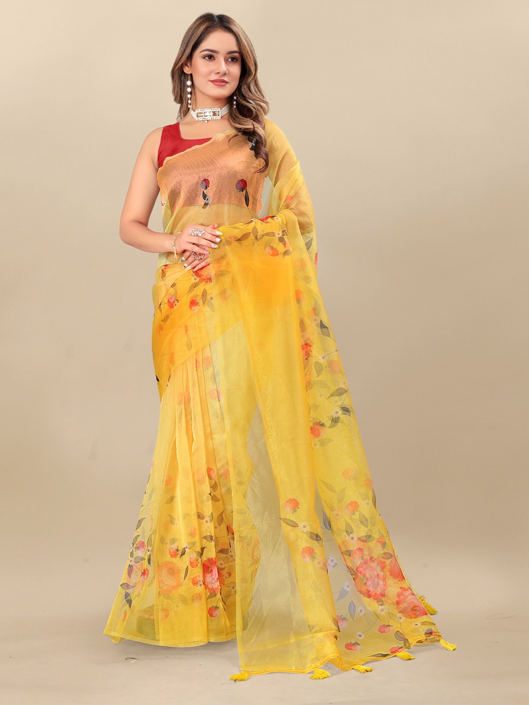 

V3 FASHION STUDIO Floral Printed Organza Saree, Yellow