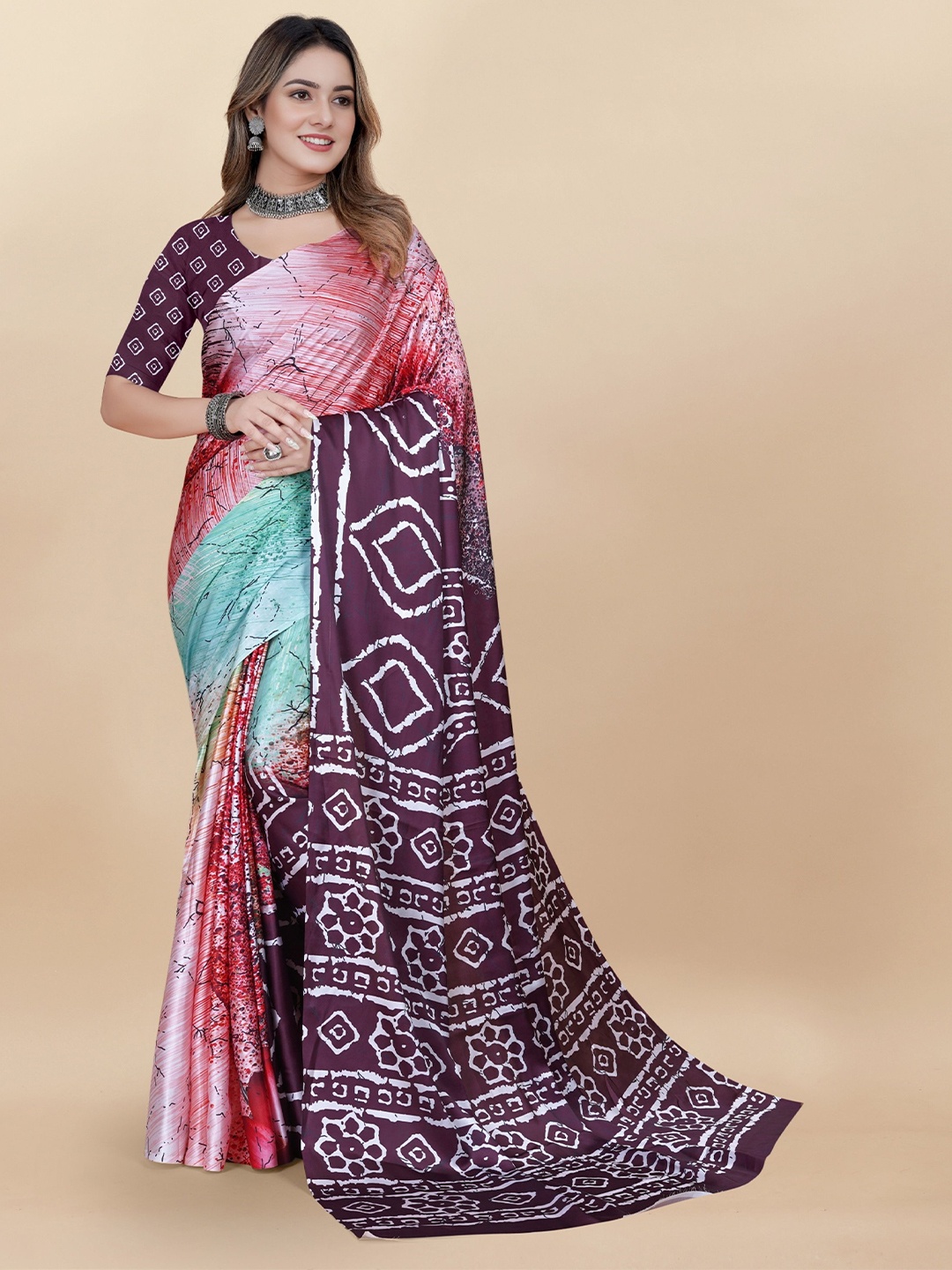 

V3 FASHION STUDIO Abstract Printed Satin Saree, Black