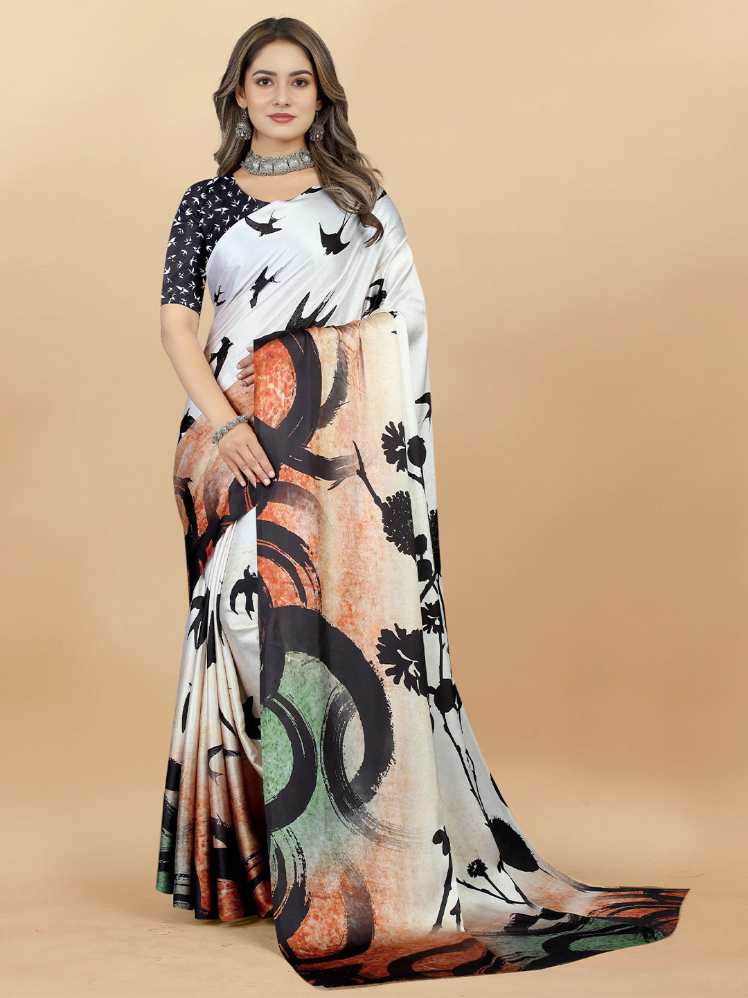 

V3 FASHION STUDIO Abstract Printed Satin Saree, White