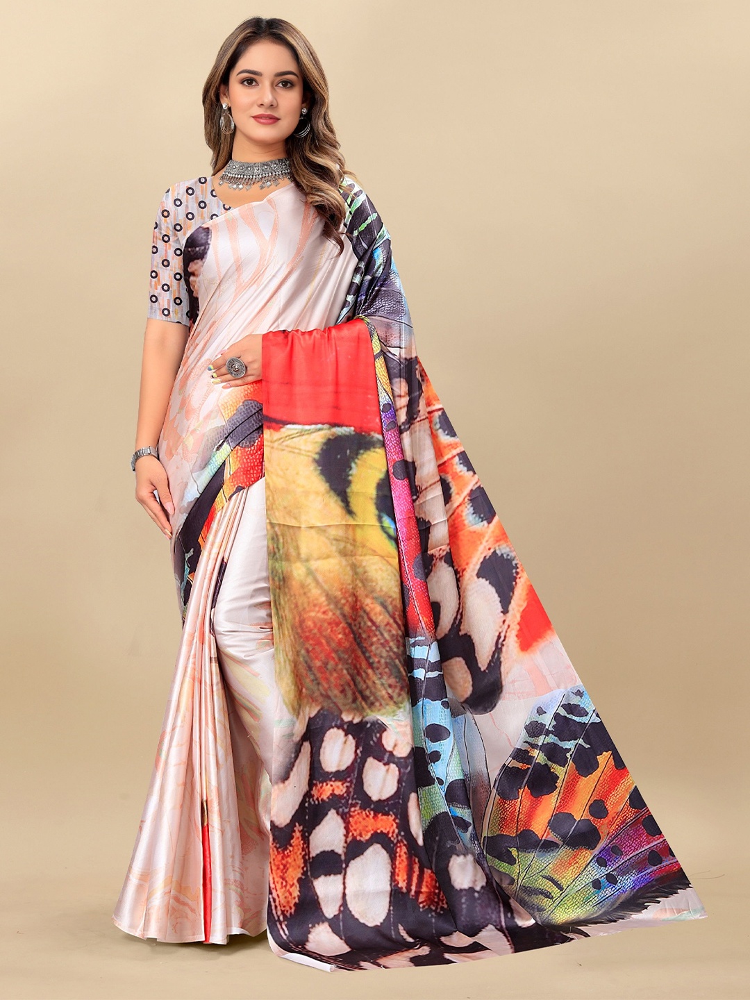 

V3 FASHION STUDIO Abstract Printed Satin Saree, Pink