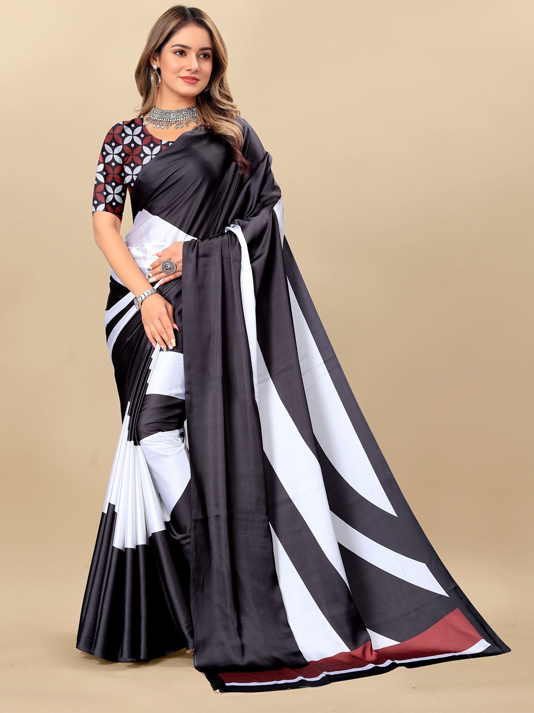 

V3 FASHION STUDIO Striped Satin Saree, White