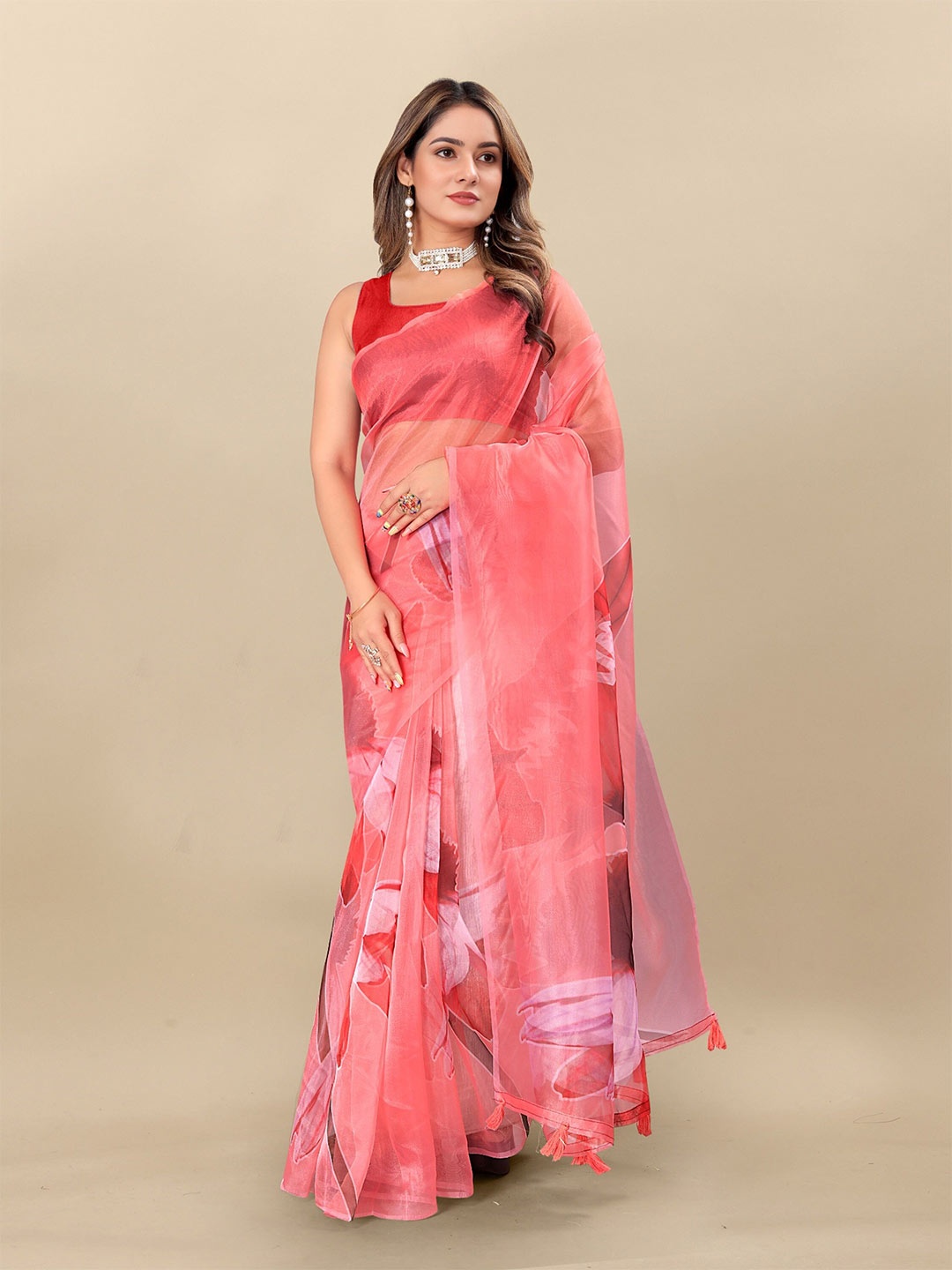 

V3 FASHION STUDIO Floral Printed Organza Maheshwari Saree, Pink