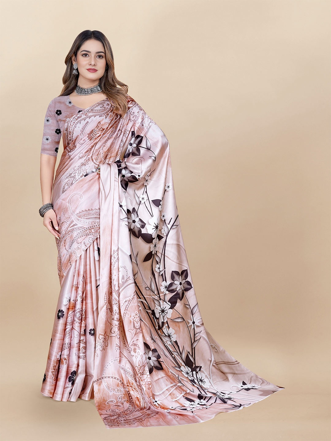 

V3 FASHION STUDIO Floral Printed Satin Jamdani Saree, Peach