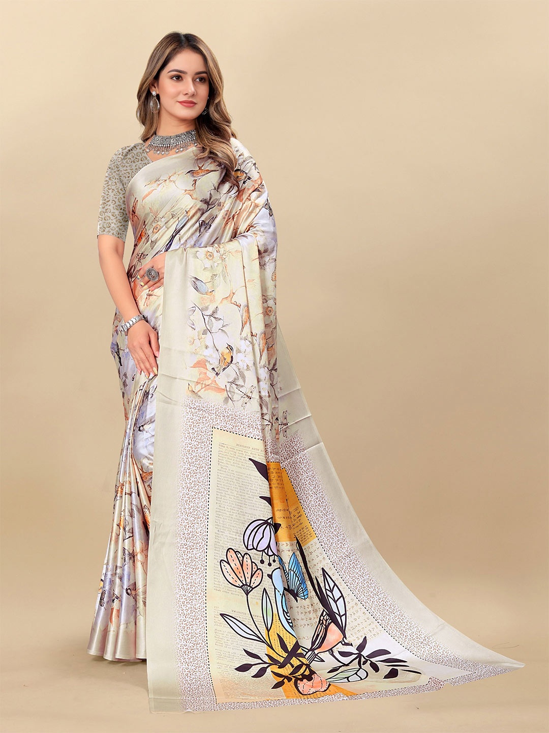 

V3 FASHION STUDIO Floral Printed Satin Kota Saree, White