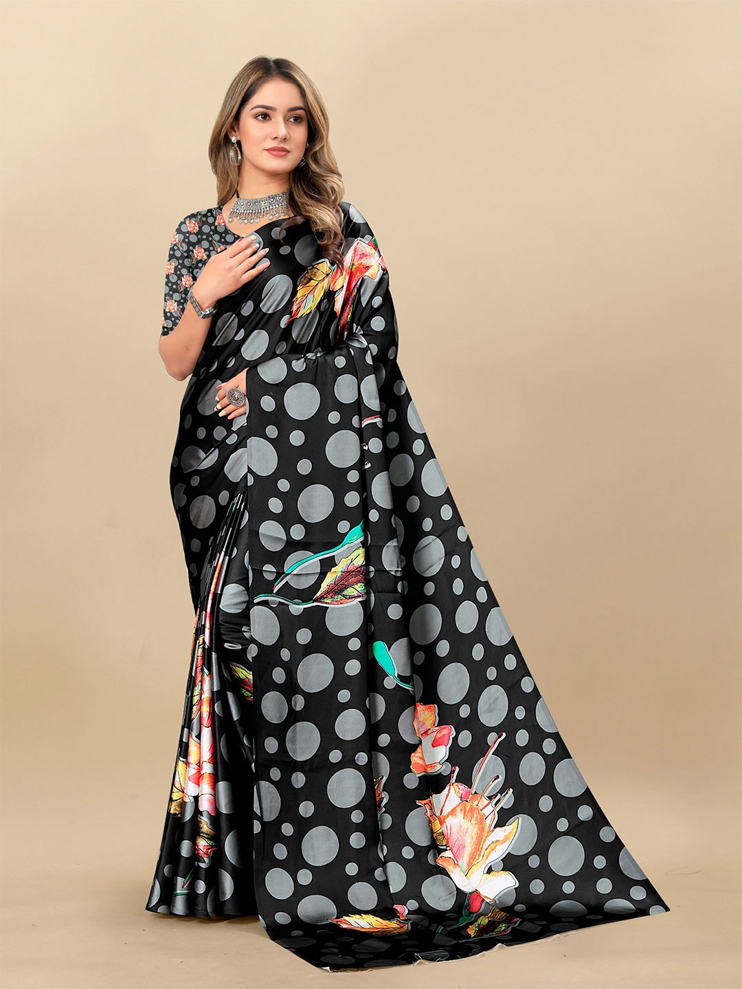 

V3 FASHION STUDIO Polka Dot Satin Maheshwari Saree, Black