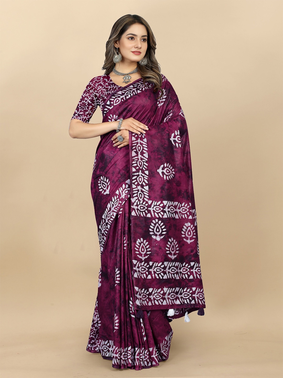 

V3 FASHION STUDIO Batik Printed Pure Cotton Jamdani Saree, Purple