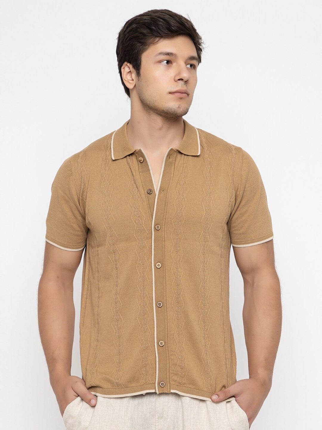 

ARMISTO Modern Self Design Knitted Casual Shirt, Khaki