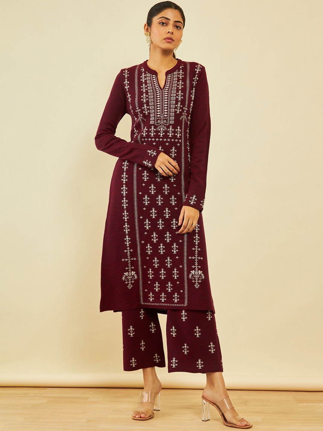 

Soch Ethnic Motifs Printed Mandarin Collar Straight Acrylic Kurta With Palazzos, Maroon