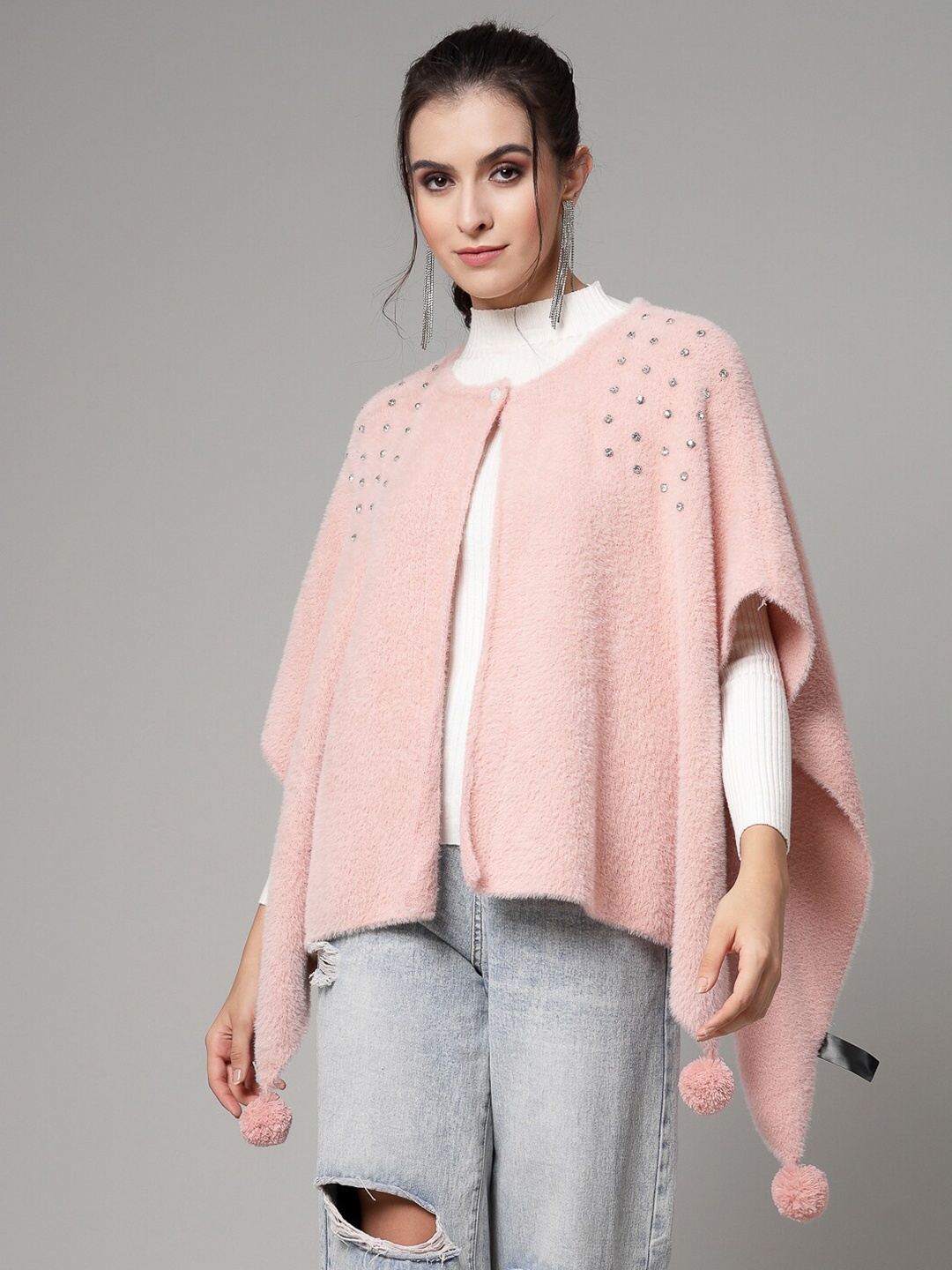 

Mafadeny Embellished Boucle Poncho, Peach