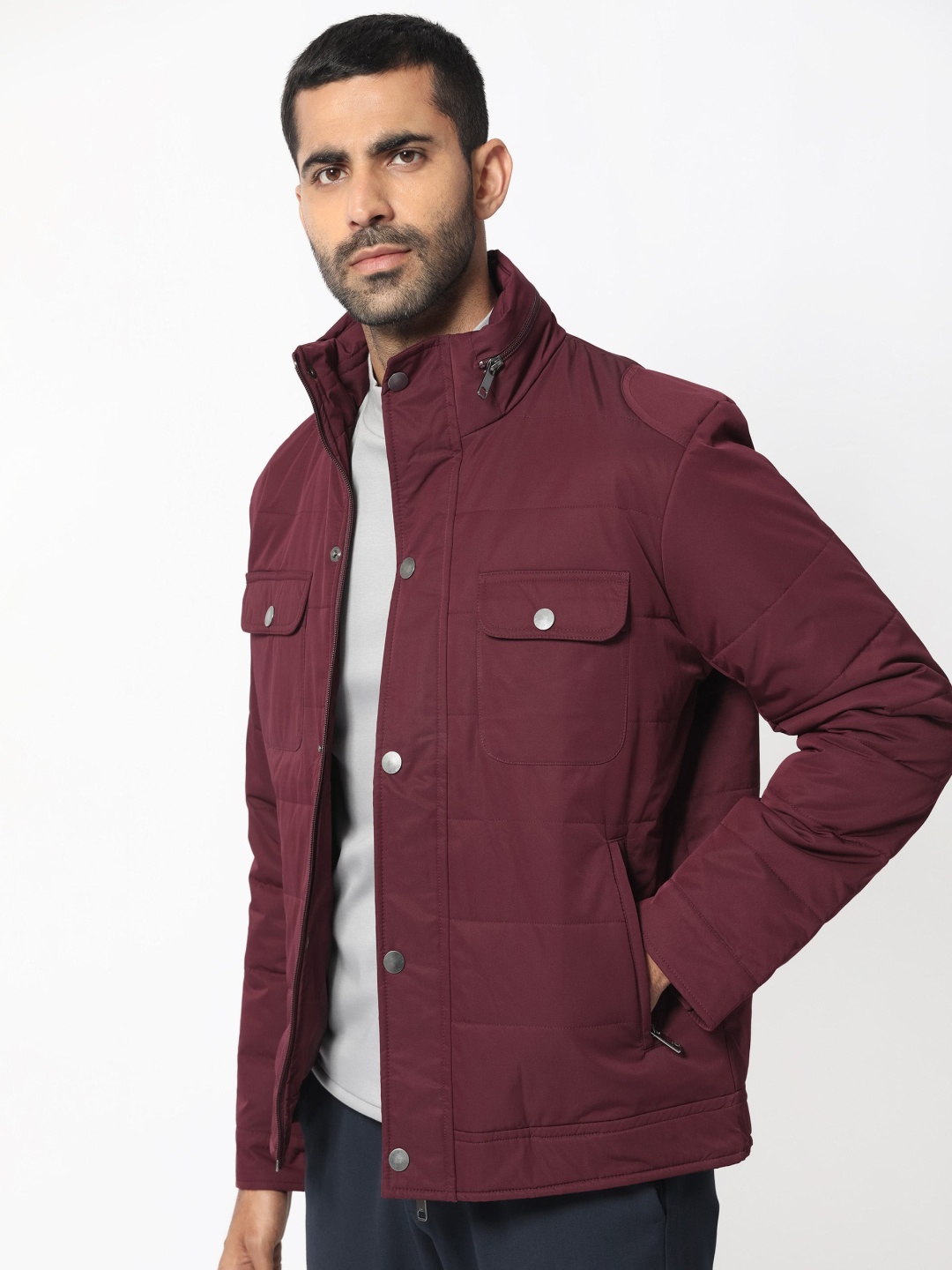 

RARE RABBIT Men Ambr Tailored Fit Mock Collar Padded Jacket, Maroon