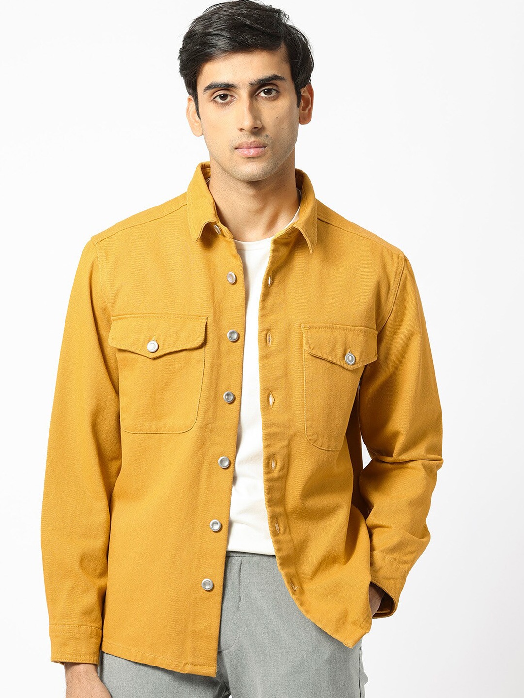 

RARE RABBIT Men Feld Spread Collar Cotton Tailored Shacket, Mustard