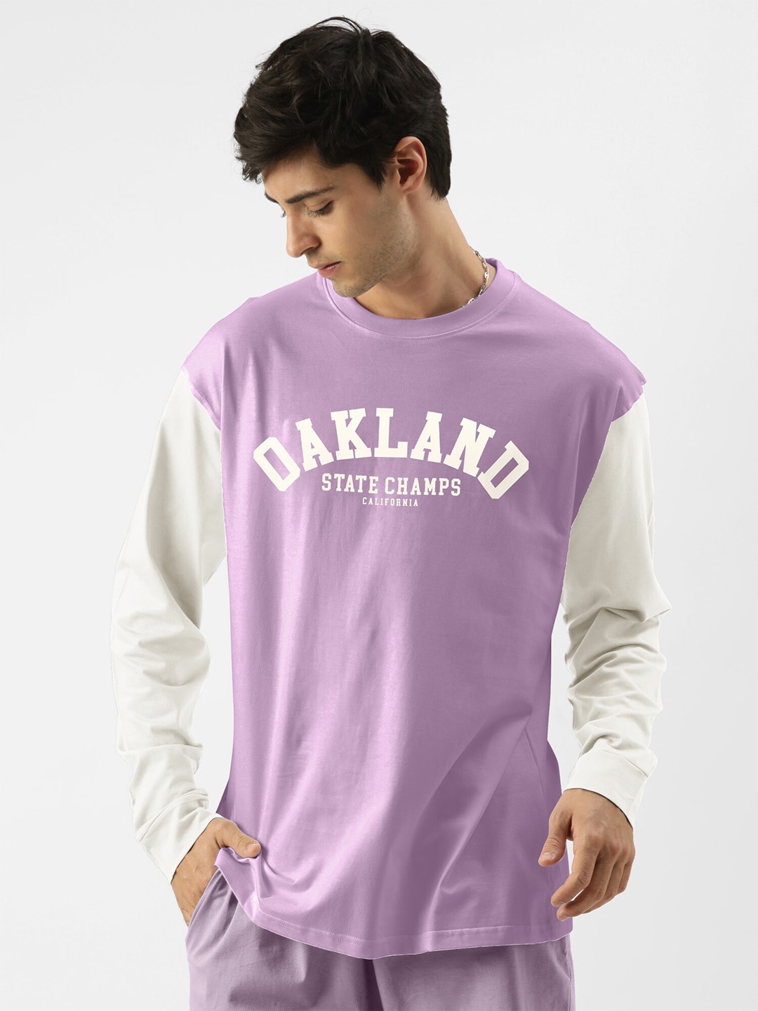 

Maniac Typography Printed Round Neck Drop-Shoulder Sleeves Oversized T-shirt, Purple