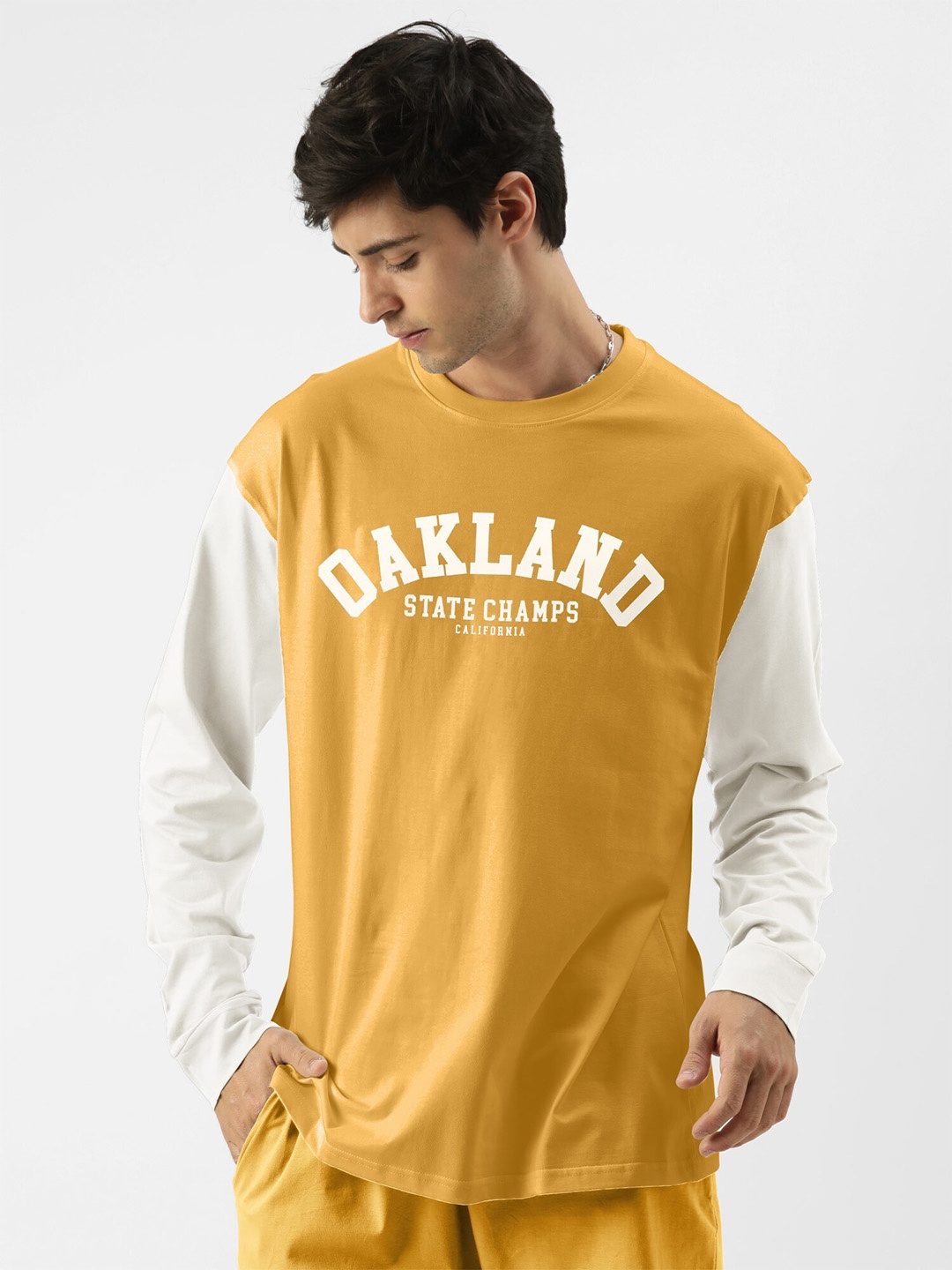 

Maniac Typography Printed Round Neck Drop-Shoulder Sleeves Oversized T-shirt, Mustard