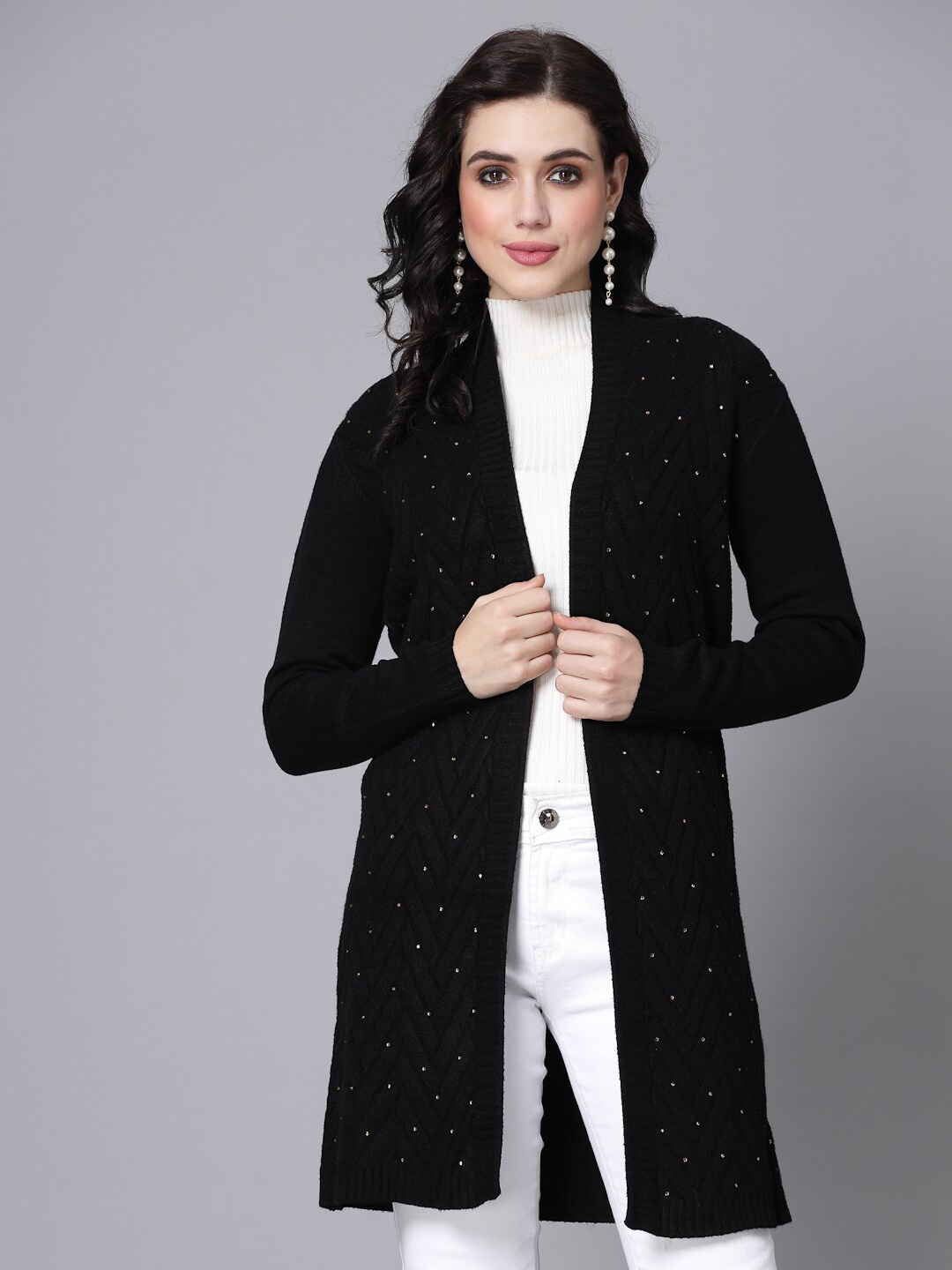 

Mafadeny Self Design Embellished Longline Shrug, Black