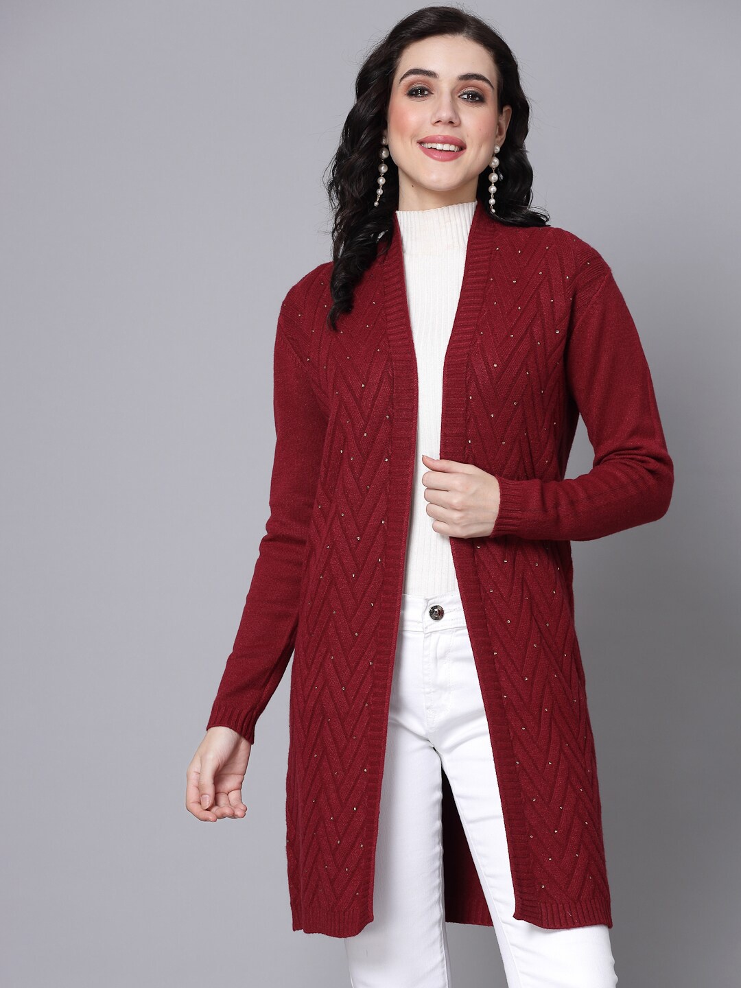 

Mafadeny Self Design Embellished Longline Shrug, Maroon