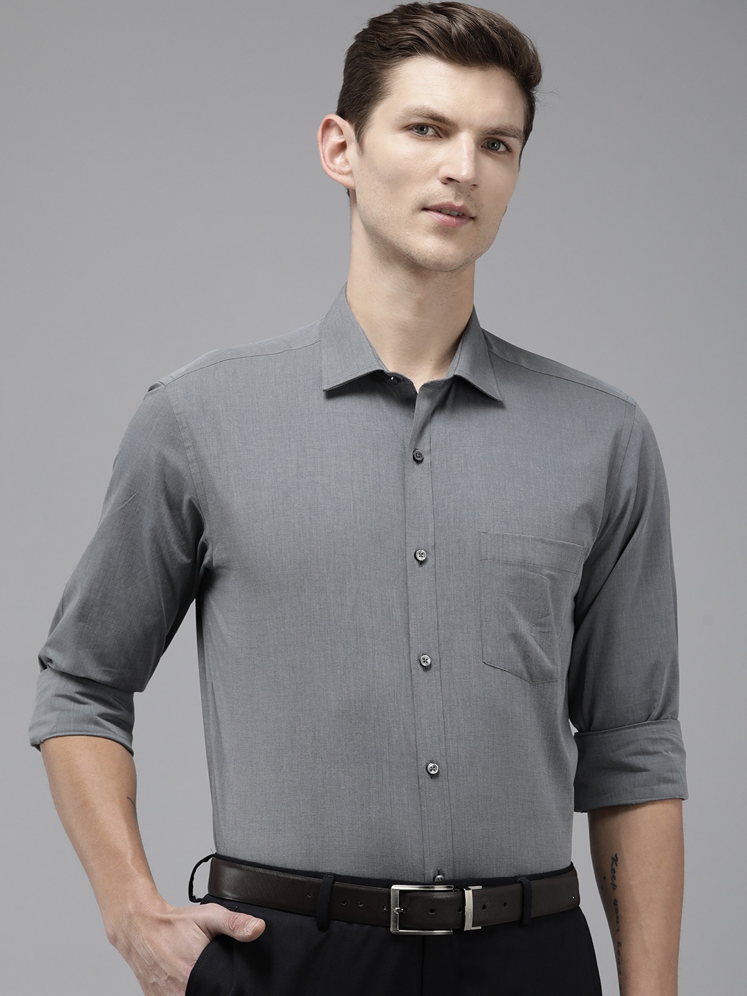 

Park Avenue Slim Fit Opaque Pure Cotton Cutaway Collar Formal Shirt, Grey
