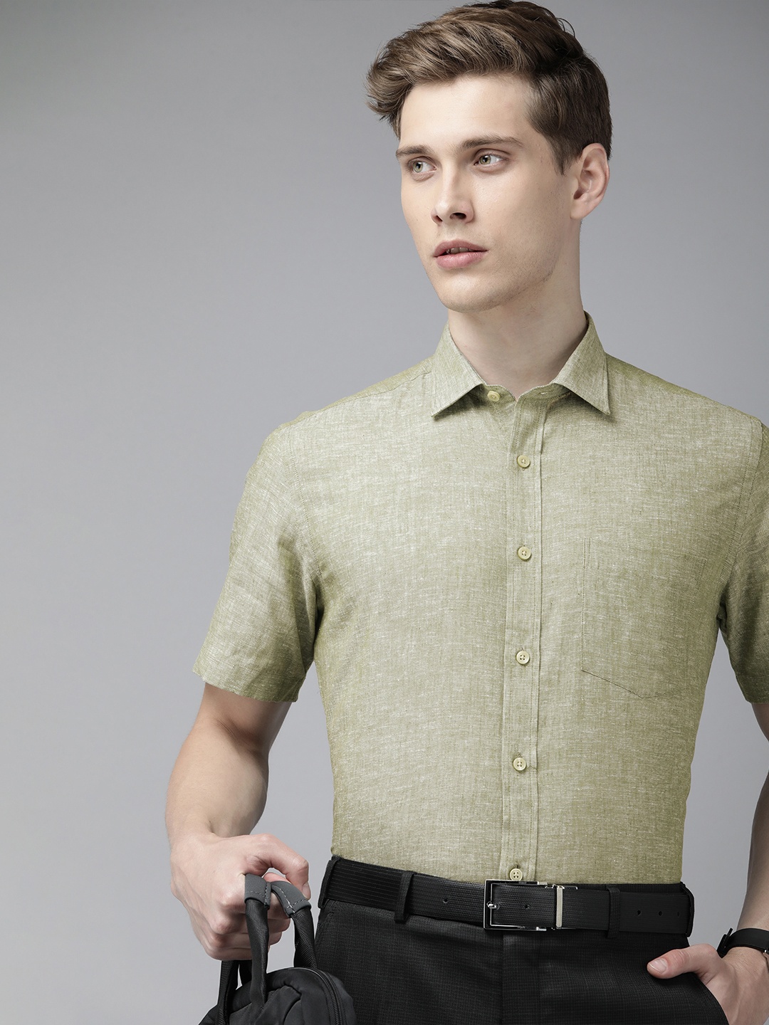 

Park Avenue Linen Cotton Short Sleeves Opaque Formal Shirt, Olive