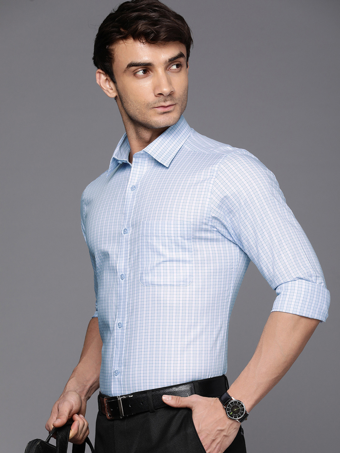 

Raymond Self Design Checked Slim Fit Pure Cotton Formal Shirt, Blue