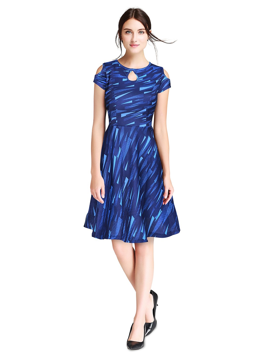 

BAESD Geometric Printed Keyhole Neck Cold-Shoulder Sleeves Fit & Flare Dress, Blue