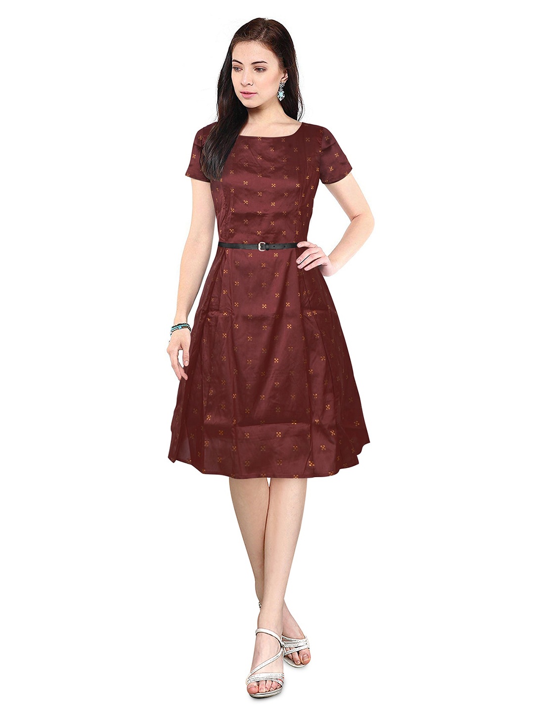 

BAESD Ethnic Motifs Printed Square Neck A-Line Dress, Maroon