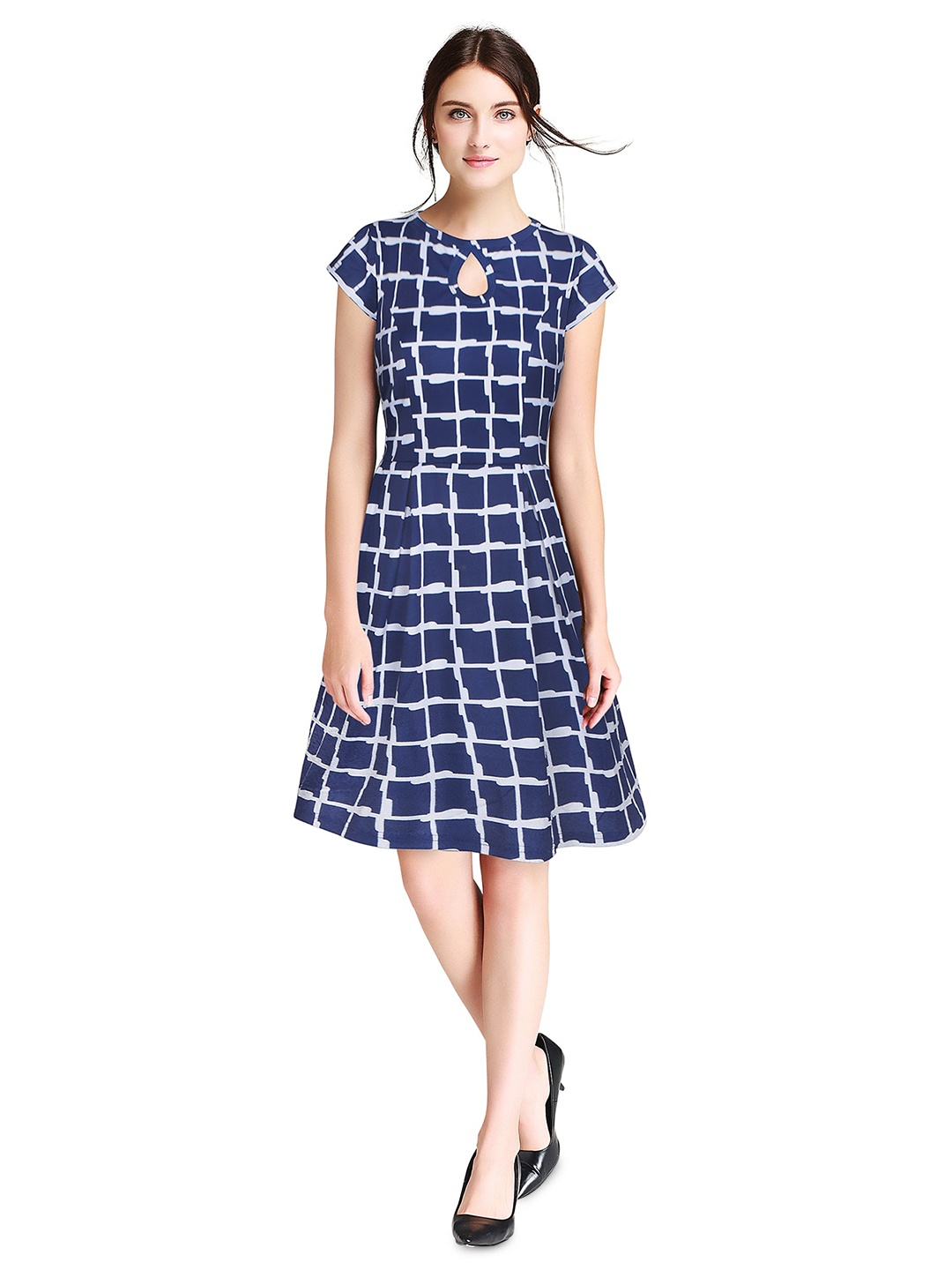 

BAESD Checked Keyhole Neck Pleated A-Line Dress, Navy blue