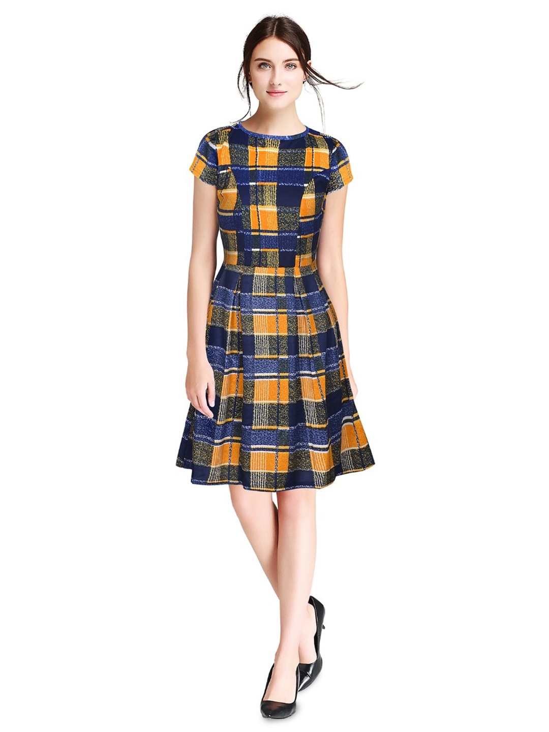 

BAESD Checked Pleated Detailed Fit & Flare Dress, Yellow