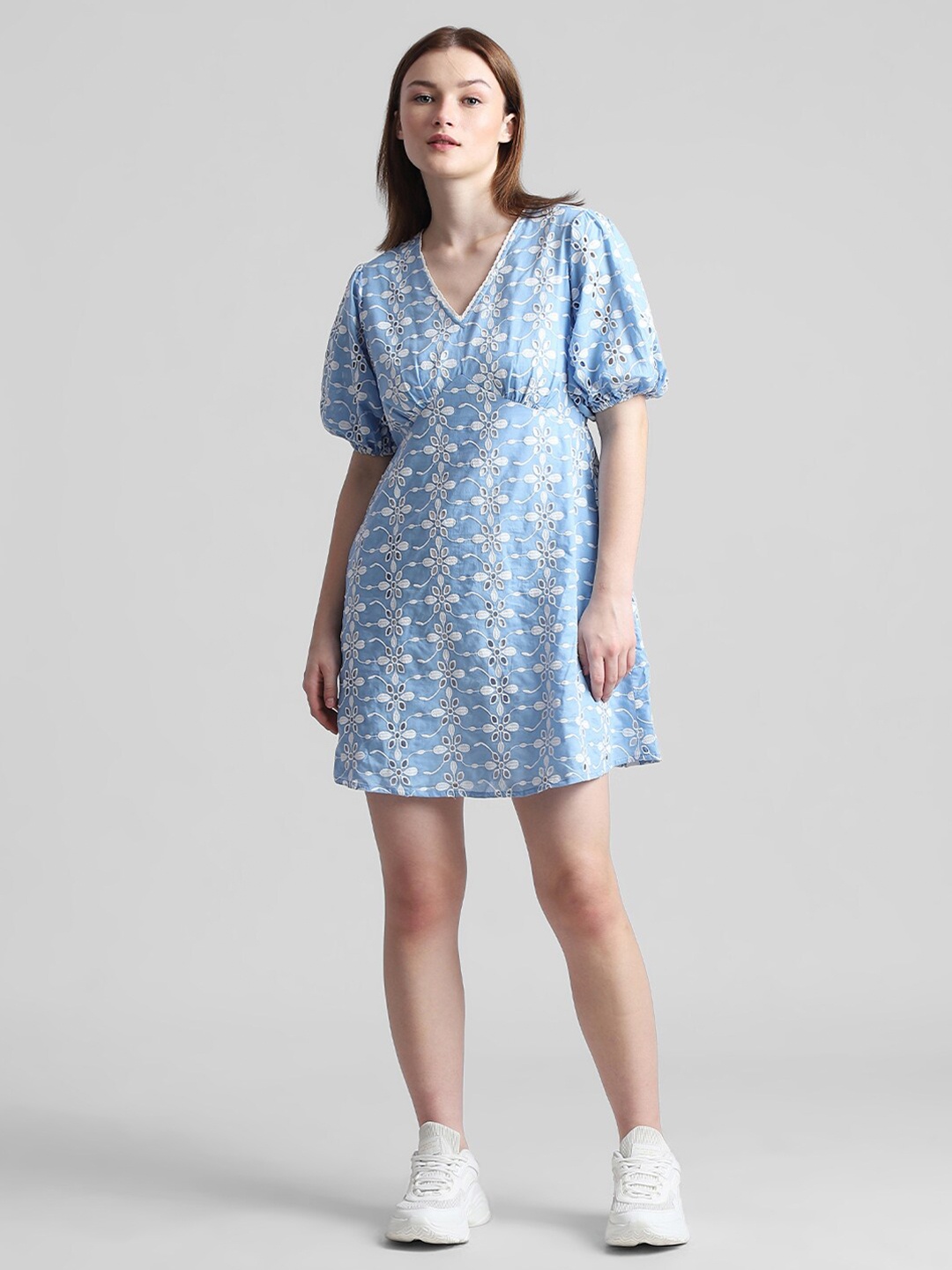 

ONLY Floral Printed Schiffli Puff Sleeves V-Neck Pure Cotton A-Line Dress, Blue