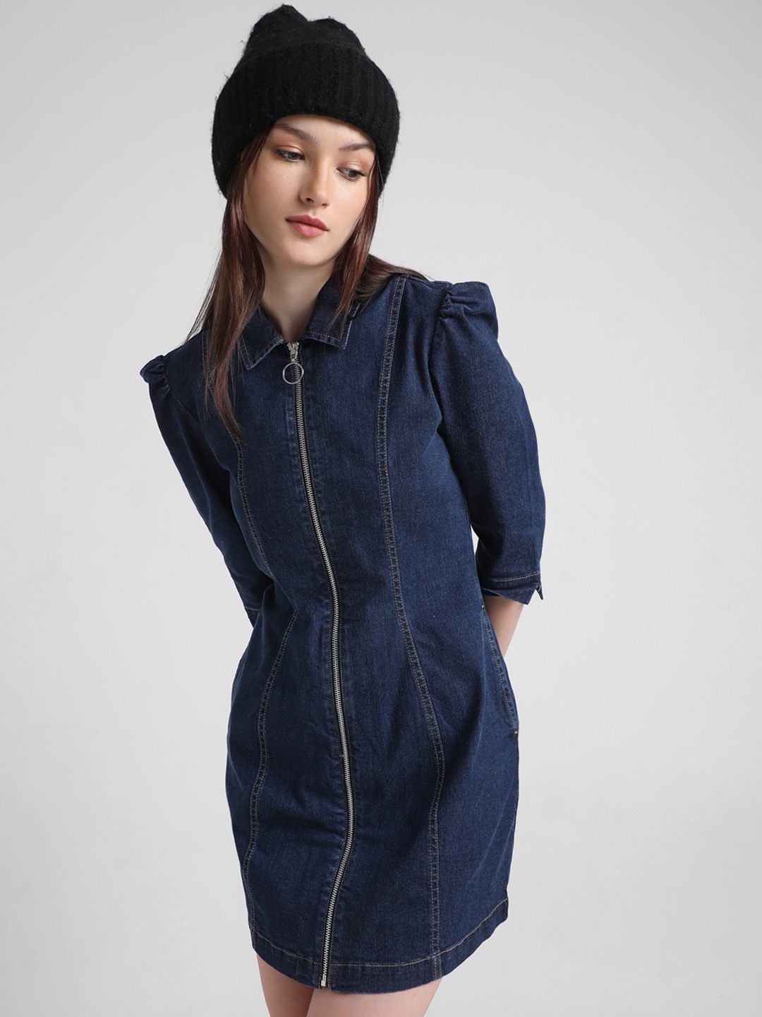 

ONLY Puff Sleeves Denim Shirt Mini Dress, Blue