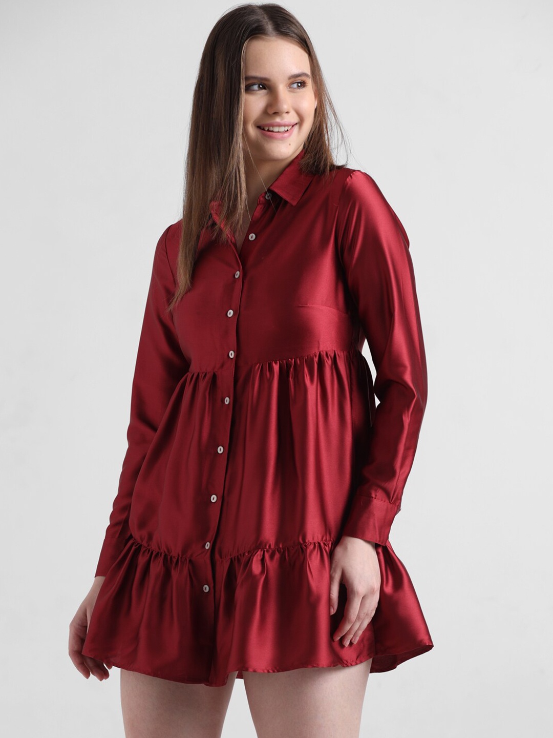 

ONLY Gathered Flounce Mini Shirt Dress, Red