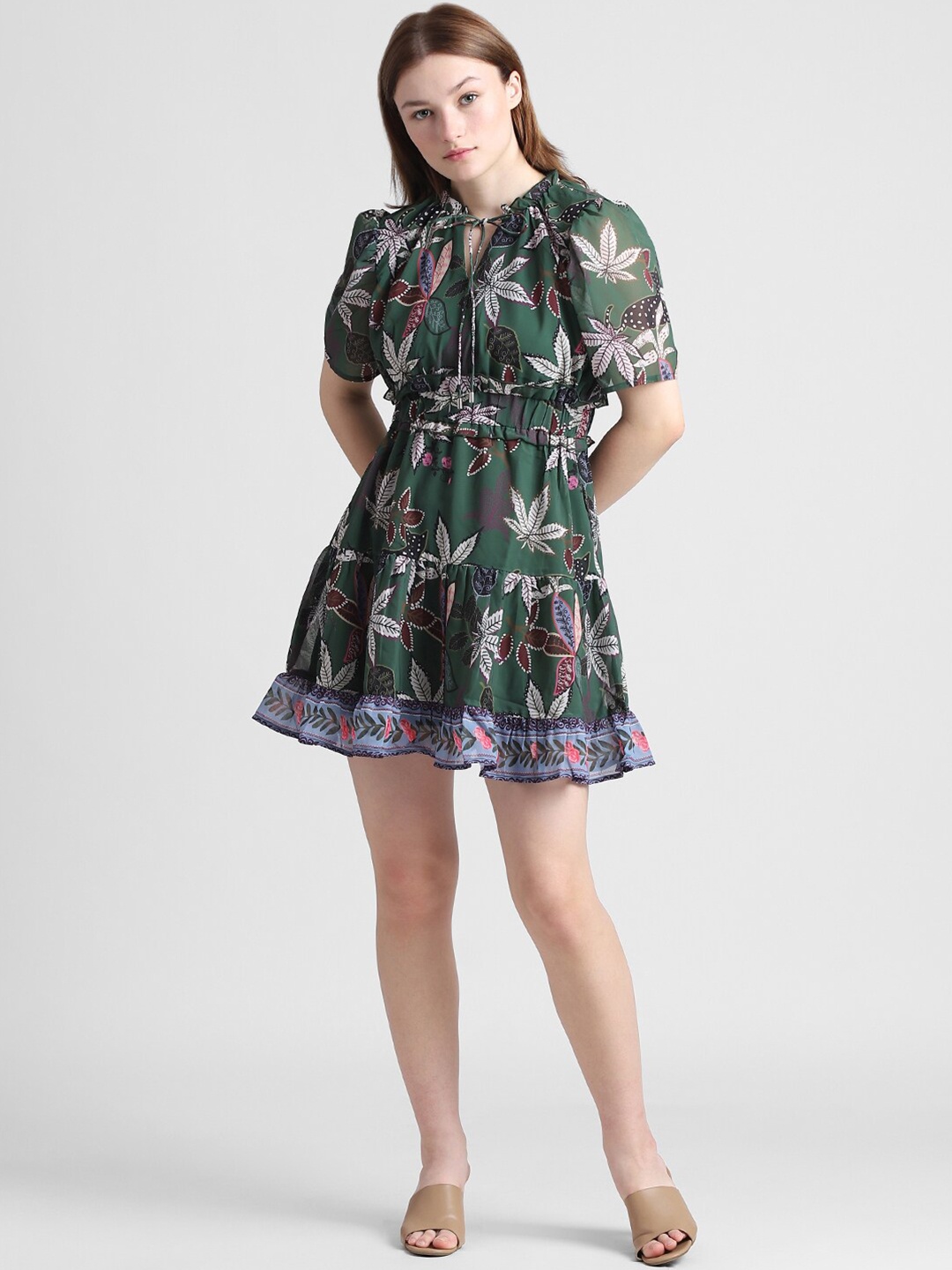 

ONLY Tropical Printed Puff Sleeves Tie-Up Neck Tiered Flounce Fit & Flare Mini Dress, Green