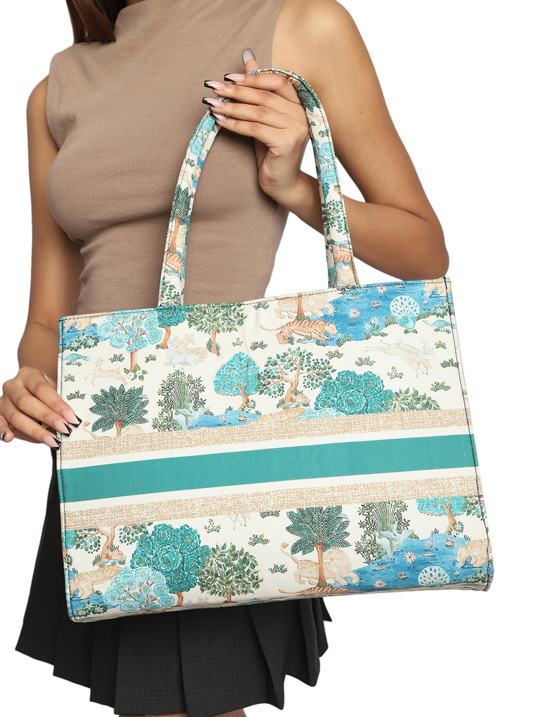 

MINI WESST Graphic Printed Canvas Structured Tote Bag, White